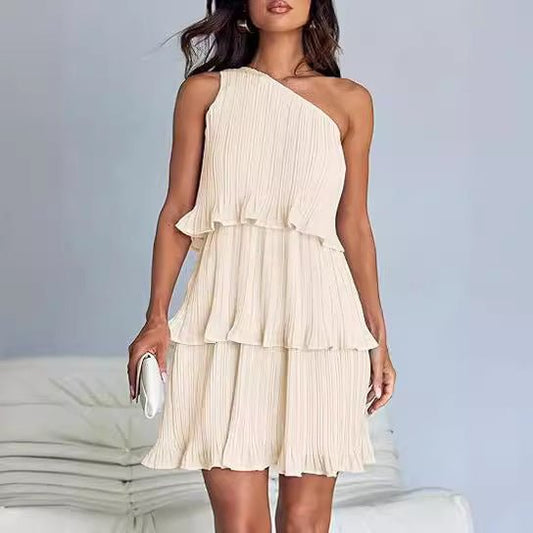 Casual Women's One Off - Shoulder Layered Stitching Hem Dress Simple Solid Color Dress Summer Street High Waist Comfortable Dresses - PratSN