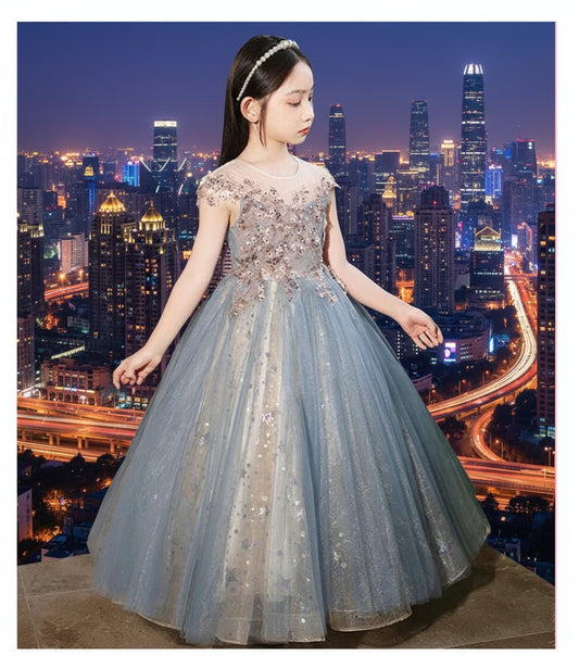 Champagne sequin embroidery Teenagers Kids Girls Wedding Long Girl Dress elegant Princess Party Pageant Formal Dress Baby dress - PratSN