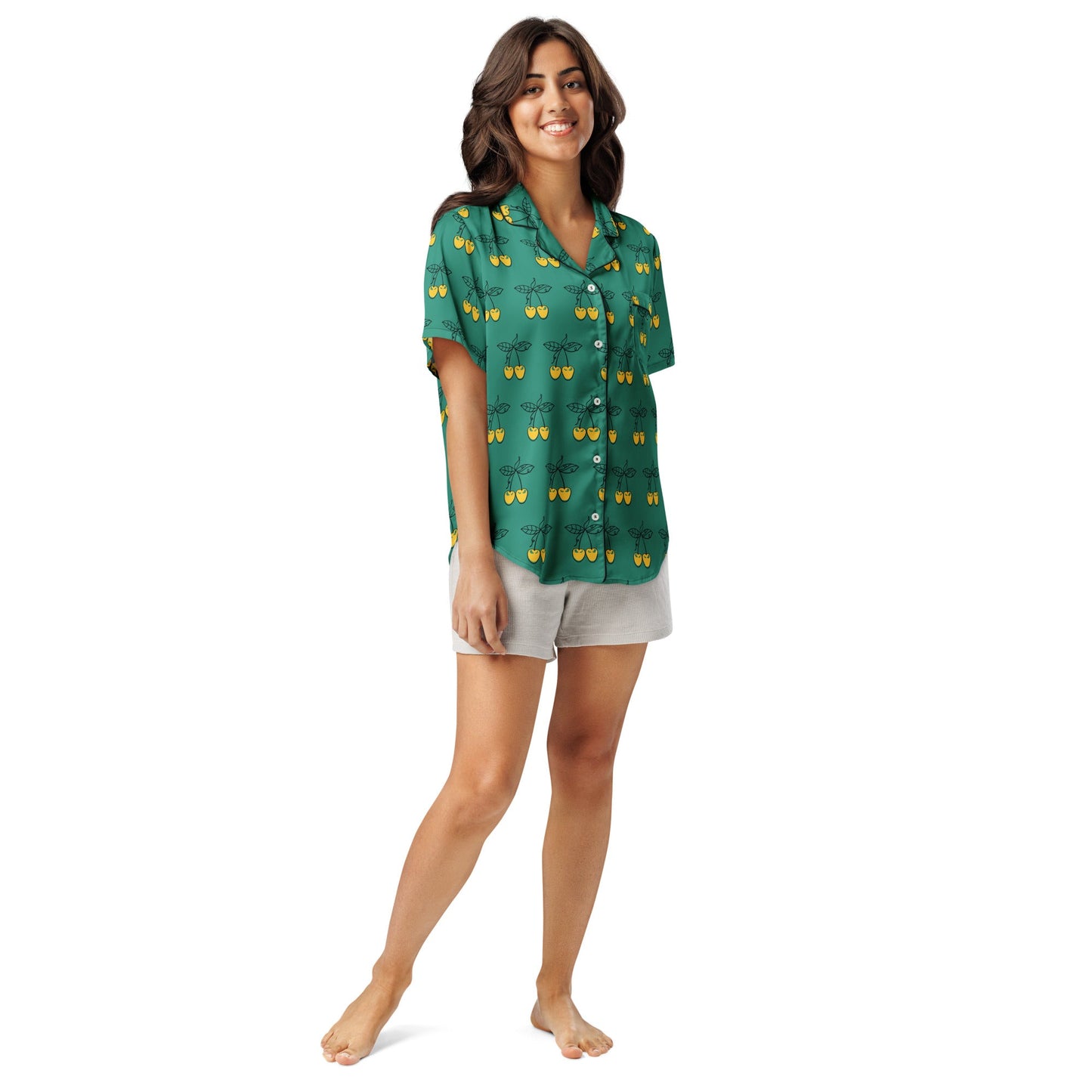 Charming Yellow Cherries Short Sleeve Pajama Top for Women in Elf Green - PratSN