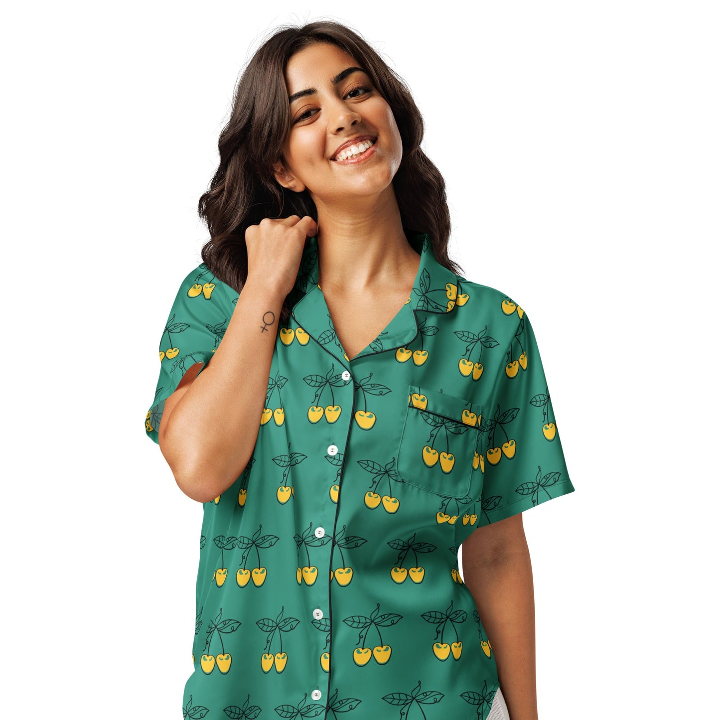 Charming Yellow Cherries Short Sleeve Pajama Top for Women in Elf Green - PratSN