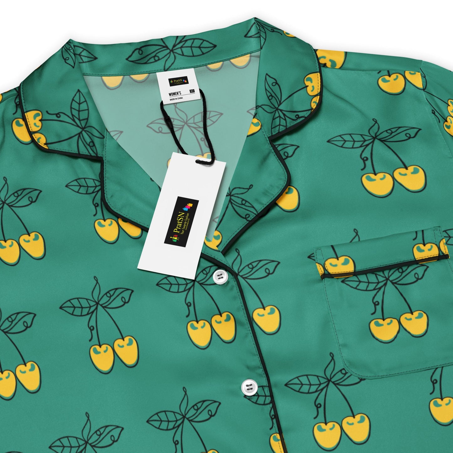 Charming Yellow Cherries Short Sleeve Pajama Top for Women in Elf Green - PratSN