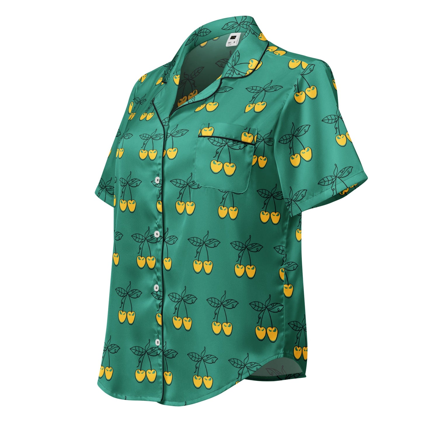 Charming Yellow Cherries Short Sleeve Pajama Top for Women in Elf Green - PratSN
