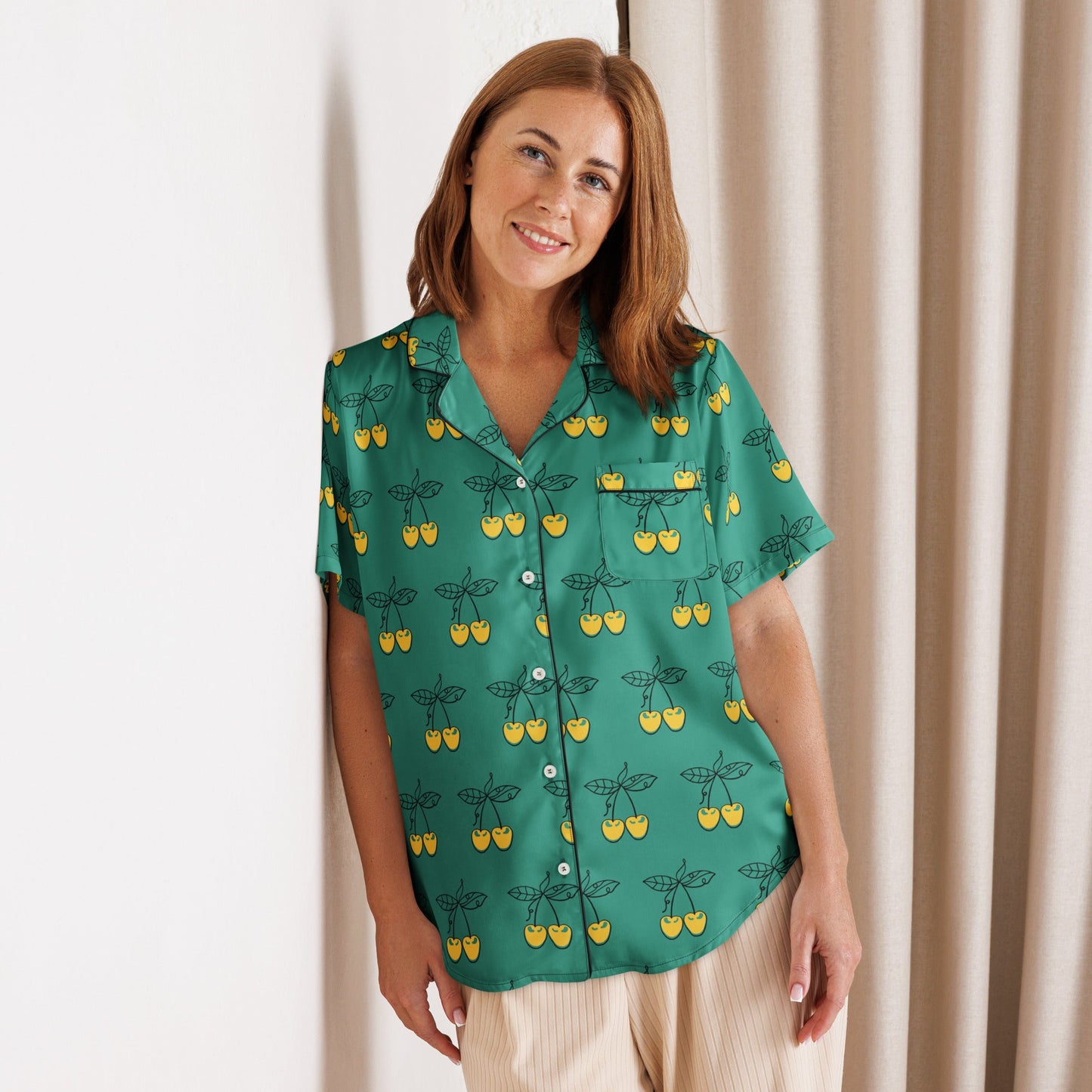 Charming Yellow Cherries Short Sleeve Pajama Top for Women in Elf Green - PratSN