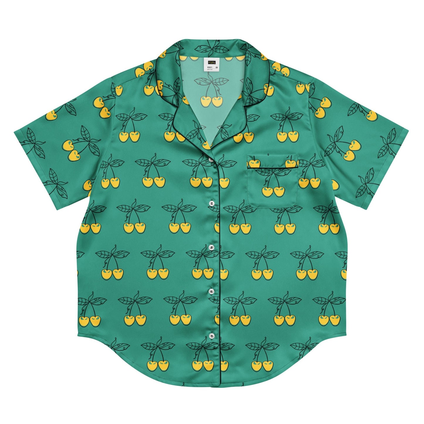 Charming Yellow Cherries Short Sleeve Pajama Top for Women in Elf Green - PratSN