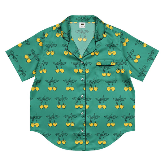 Charming Yellow Cherries Short Sleeve Pajama Top for Women in Elf Green - PratSN
