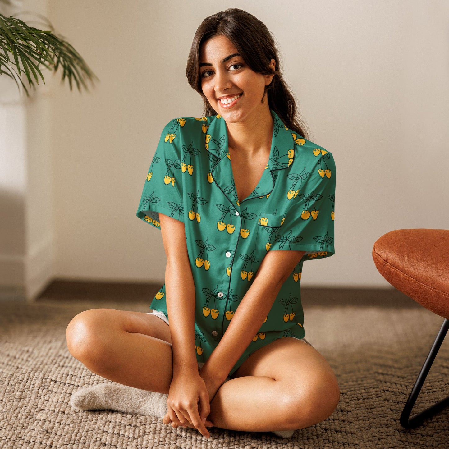 Charming Yellow Cherries Short Sleeve Pajama Top for Women in Elf Green - PratSN