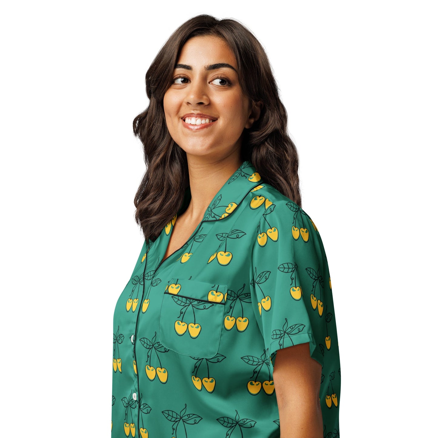 Charming Yellow Cherries Short Sleeve Pajama Top for Women in Elf Green - PratSN