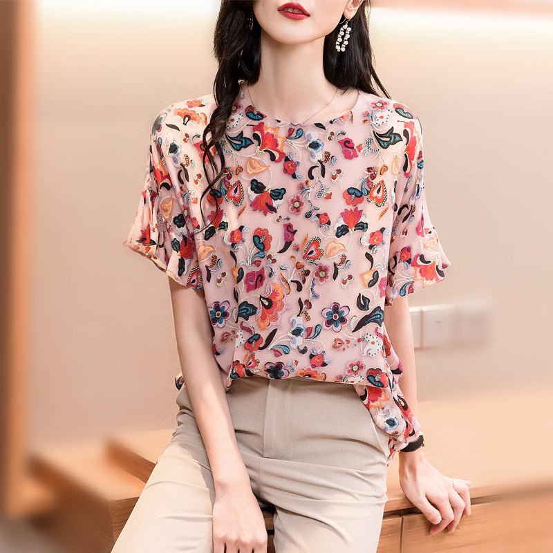 Chiffon Shirt Short - sleeved T-shirt Summer Women's Round Neck Top - PratSN