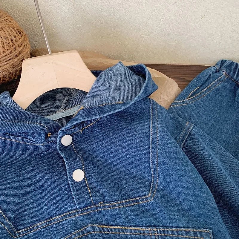 Children's clothing Spring and Autumn, boys' denim hooded sweatshirt, women's Baoyang solid color long sleeved top and pants set - PratSN