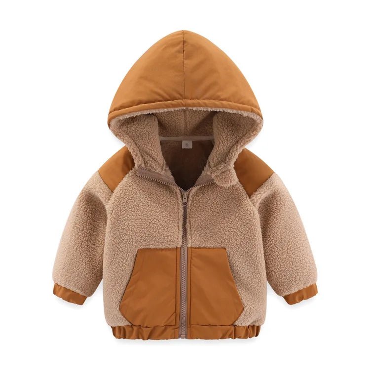 children's coat New autumn and winter thick warm cotton coat Baby hooded jacket Fashionable colorblock baby brushed jacket - PratSN