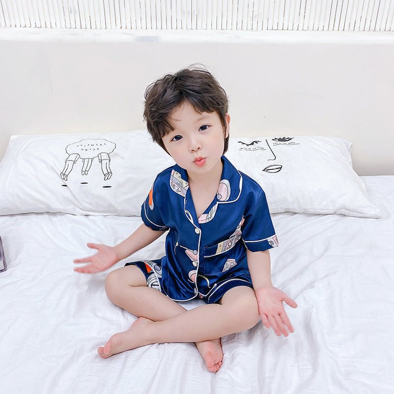Children's Pajamas Set Cartoon Printed Silk Home Service - PratSN