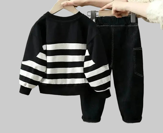 Children's Set 2025 New Boys' Autumn Casual Set Rascal Handsome Baby Striped Hoodie Pants Two Piece Set - PratSN