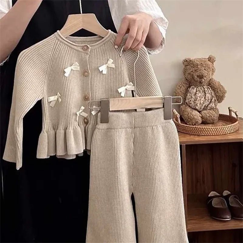 Children's Suit Spring and Autumn Fashionable Solid Color Long Sleeve Knitted Cardigan Top Pants Two Piece Set - PratSN