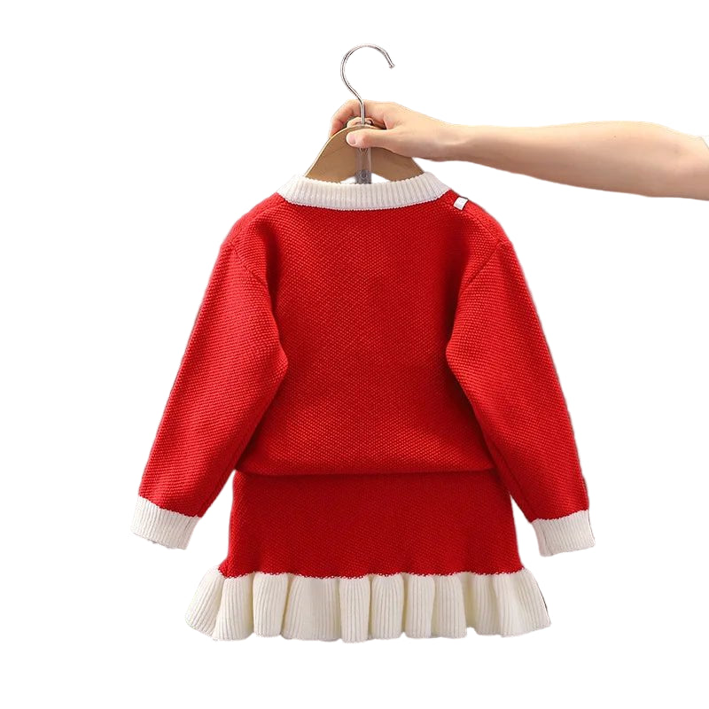 Children's Sweater Set Autumn/Winter Korean version Girls' KnittedTwo Piece Set with Polo Collar Cardigan Love Top pleated skirt - PratSN