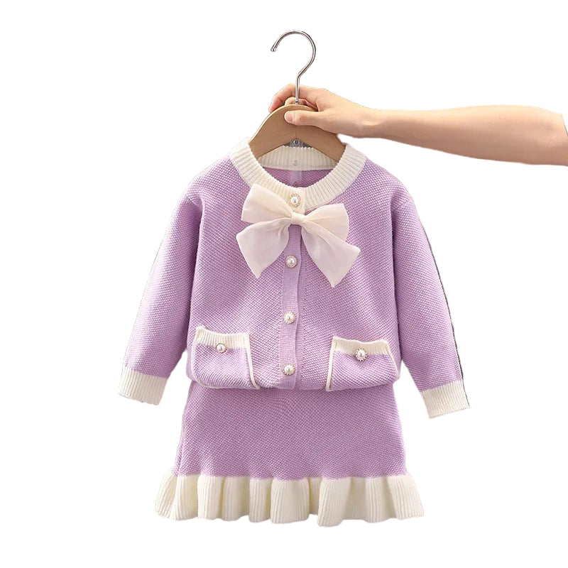 Children's Sweater Set Autumn/Winter Korean version Girls' KnittedTwo Piece Set with Polo Collar Cardigan Love Top pleated skirt - PratSN