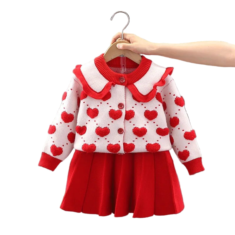 Children's Sweater Set Autumn/Winter Korean version Girls' KnittedTwo Piece Set with Polo Collar Cardigan Love Top pleated skirt - PratSN