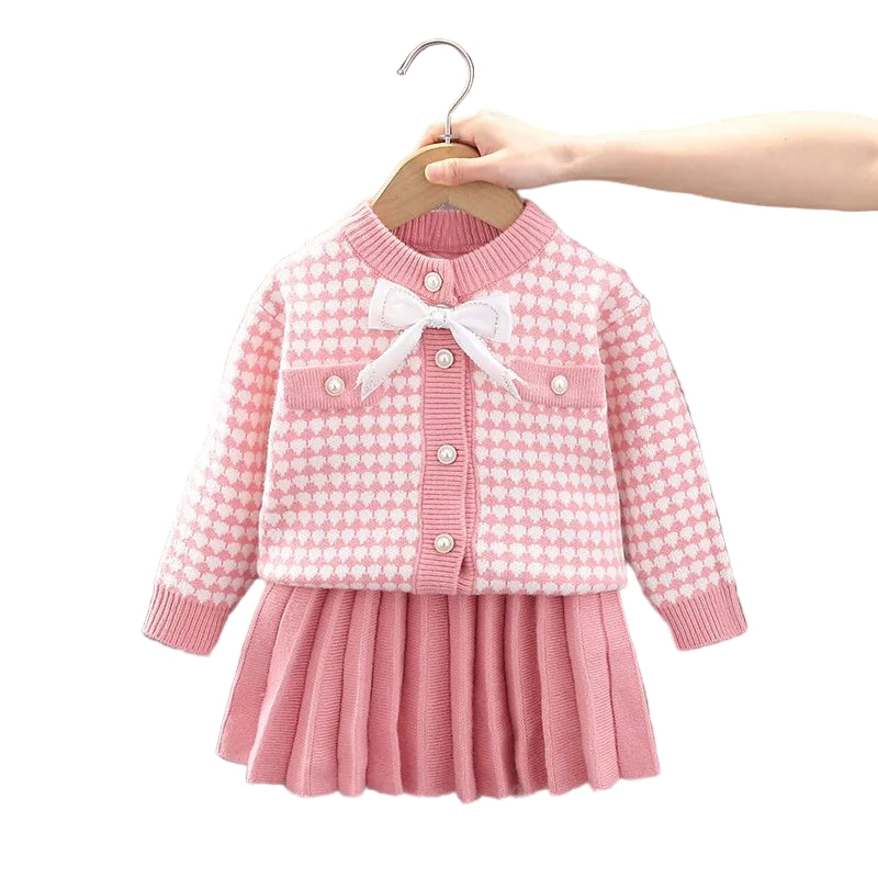 Children's Sweater Set Autumn/Winter Korean version Girls' KnittedTwo Piece Set with Polo Collar Cardigan Love Top pleated skirt - PratSN