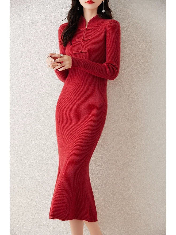 Chinese Style Stand-Up Collar Frog Button Pure Wool Knit Dress Women's Fall and Winter Strip Silm Slimming Long Mermaid Dress Cheongsam