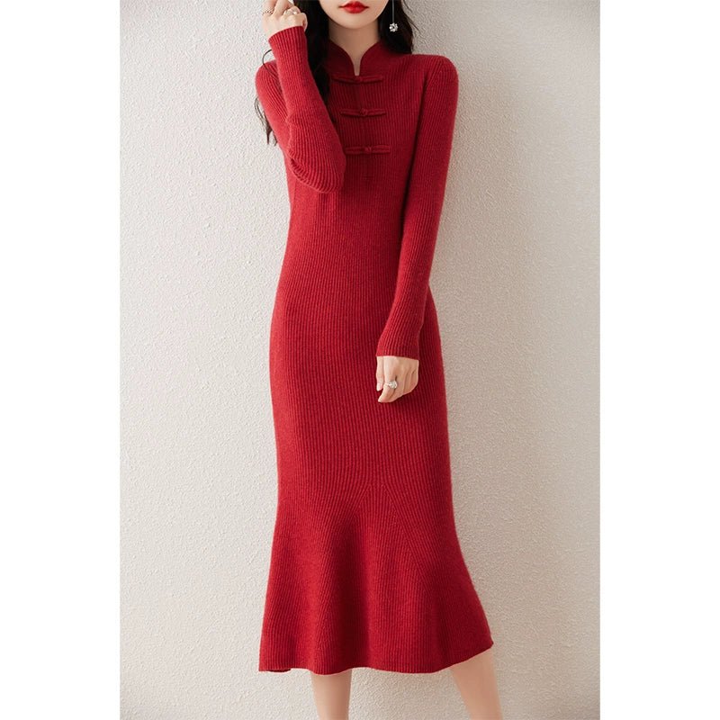 Chinese Style Stand - up Collar Frog Button Pure Wool Knit Dress Women's Fall and Winter Strip Silm Slimming Long Mermaid Dress Cheongsam - PratSN
