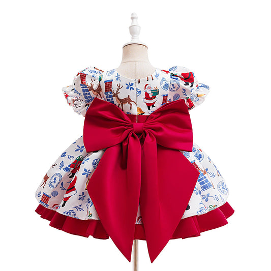 Christmas Party Girls Dresses Elegant Santa Claus Deer Printed Birthday Princess Dress for Girl Bridesmaids Wedding - PratSN
