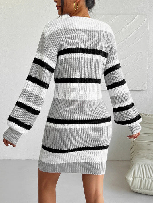 Color block splicing striped contrasting round neck pullover knitted dress - PratSN