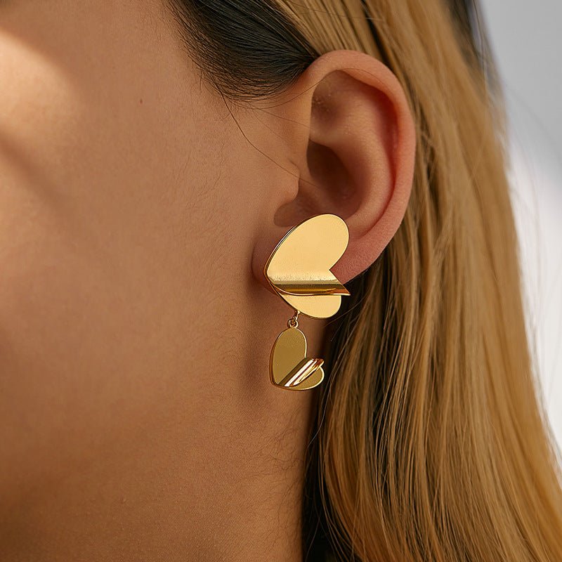 Color Retention Copper Plating 18K Real Gold Overlapping Design Double Layers Loving Heart Earrings - PratSN