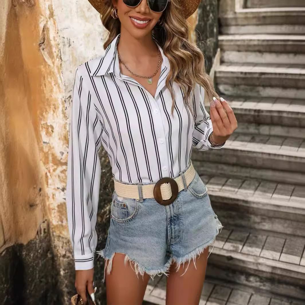 Commute Style Fashion Striped Loose Long Sleeve Shirt - PratSN