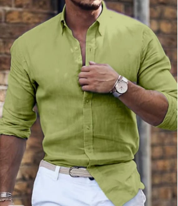 Cotton Linen Long Sleeve Shirt Solid Color Polo Collar Casual Style Shirt - PratSN