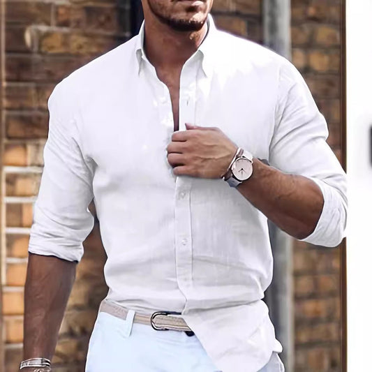 Cotton Linen Long Sleeve Shirt Solid Color Polo Collar Casual Style Shirt - PratSN