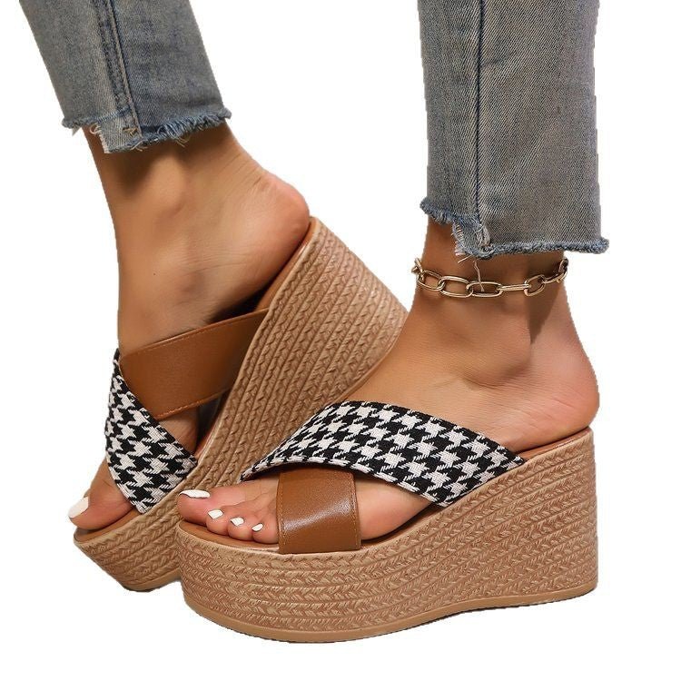 Cross Leopard Plaid Wedge Sandals - PratSN