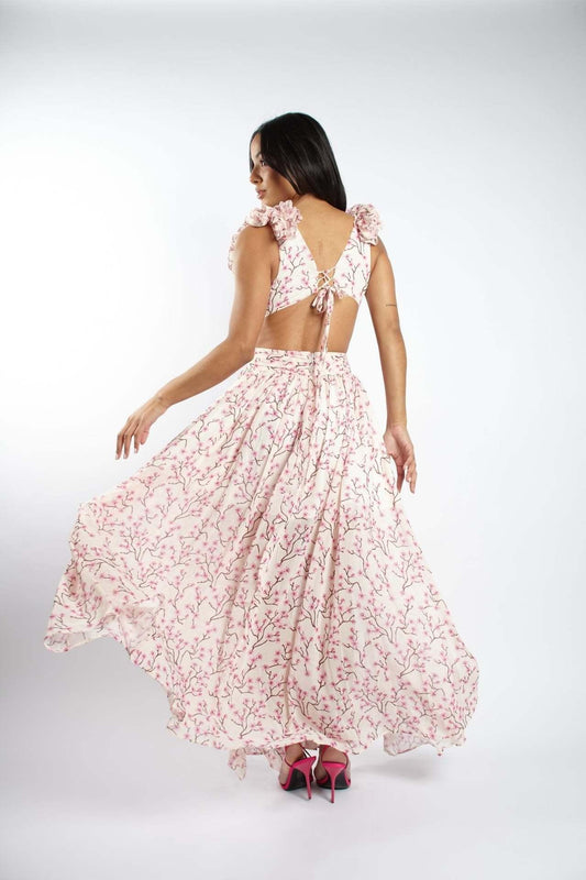 Deep V Ruffled Floral Backless Dress - PratSN
