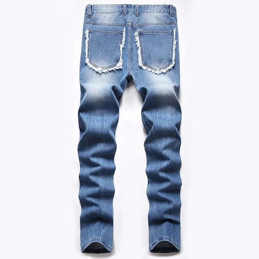Designer Street Wear Plus Size High - quality fashion Slim Ripped Hole Denim Blue Jean Pants Motor Cycle Edging Denim Trousers - PratSN