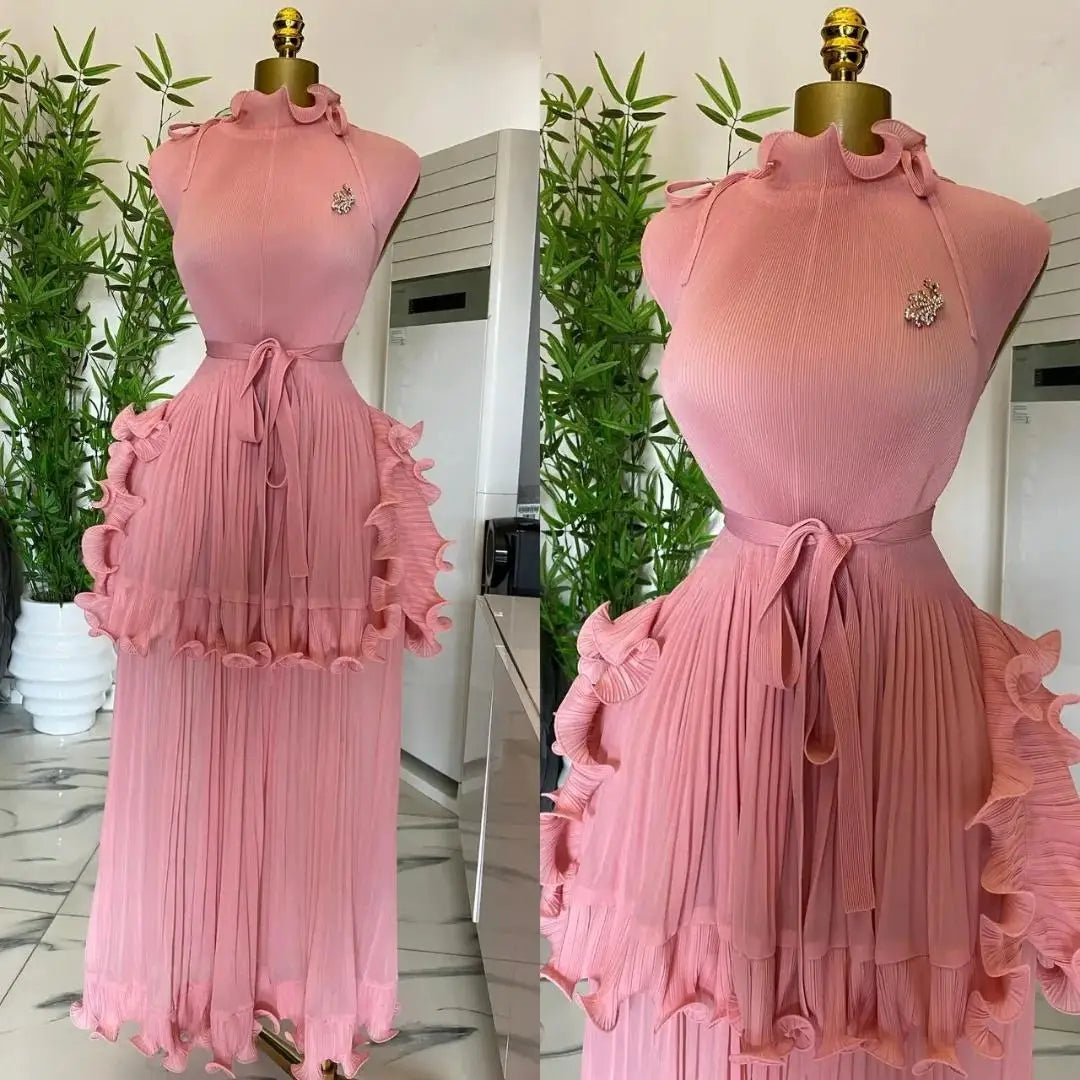 EGRM 2025 Summer New Pleated Dress Women's Solid Sleeveless Ruffles Lace Bottom Skirt with Belt Fashion Female Dresses 9R5618 - PratSN