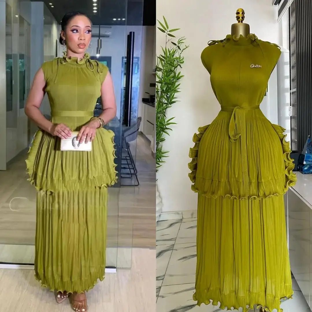 EGRM 2025 Summer New Pleated Dress Women's Solid Sleeveless Ruffles Lace Bottom Skirt with Belt Fashion Female Dresses 9R5618 - PratSN