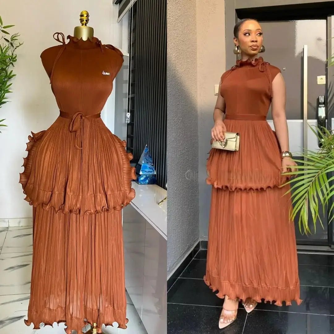 EGRM 2025 Summer New Pleated Dress Women's Solid Sleeveless Ruffles Lace Bottom Skirt with Belt Fashion Female Dresses 9R5618 - PratSN