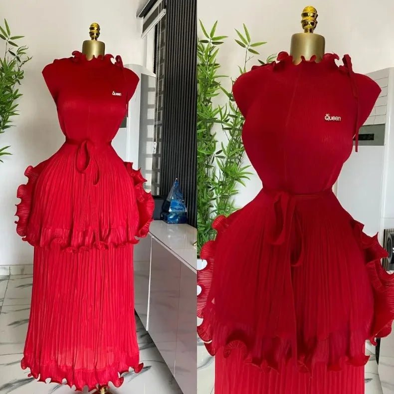 EGRM 2025 Summer New Pleated Dress Women's Solid Sleeveless Ruffles Lace Bottom Skirt with Belt Fashion Female Dresses 9R5618 - PratSN