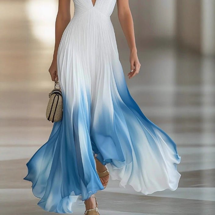 Elegant And Flowing Pleated Blue Chiffon Dress For Women - PratSN