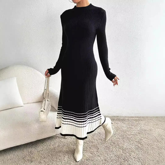 Elegant Contrasting Color Long Sleeve Crew Neck Body Fitting Ribbed Knit Maxi Dress Women - PratSN