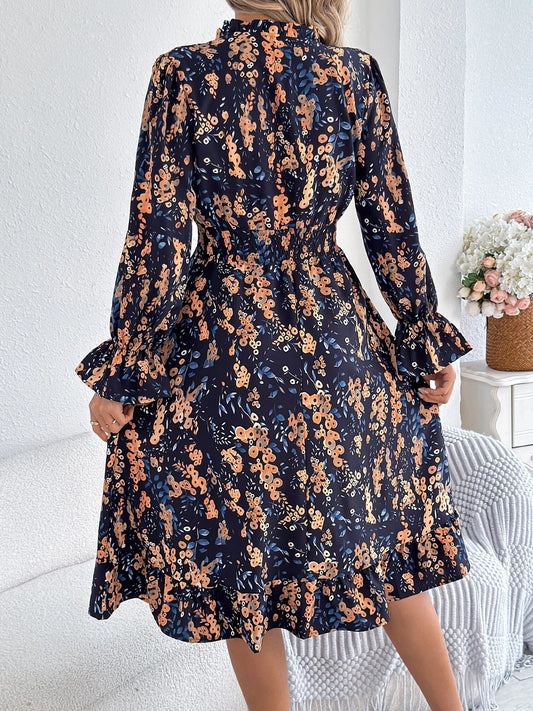 Elegant Floral Print Dresses V Neck Flare Long Sleeve Ruffled A Line Dress - PratSN