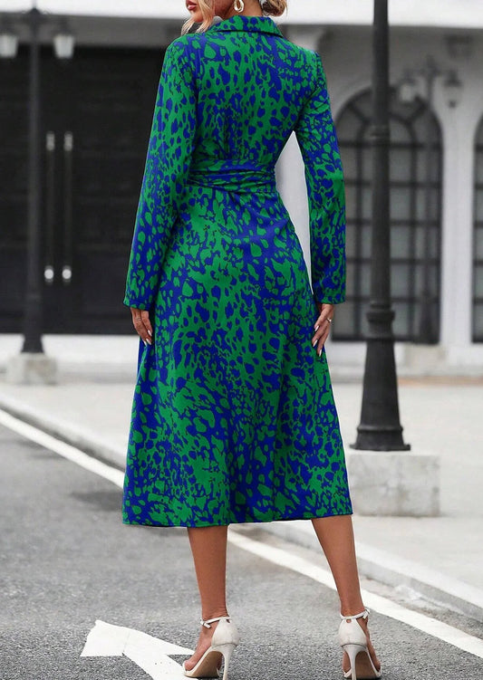 Elegant Random Print Button Down Shirt Dress Women's Long Sleeve Belted Waist Midi Dress Spring Fall Office Casual Dress - PratSN