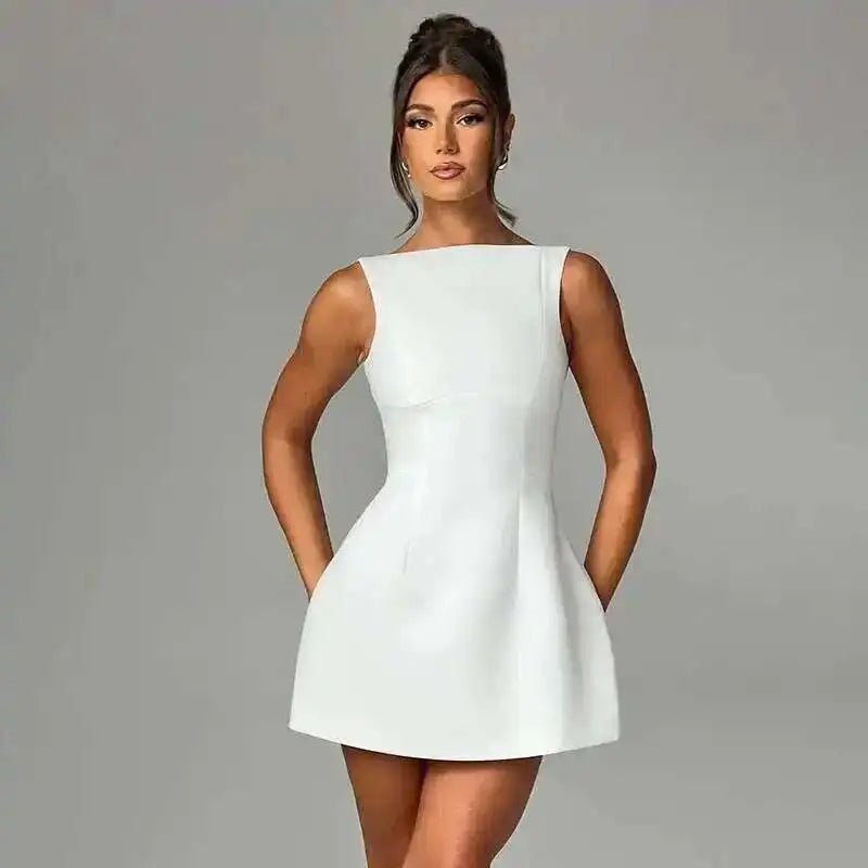 Elegant Short Mini Dress Women 2025 Summer Dress Club Party Dresses Sexy Backless Sleeveless A Line White Black Vestidos - PratSN