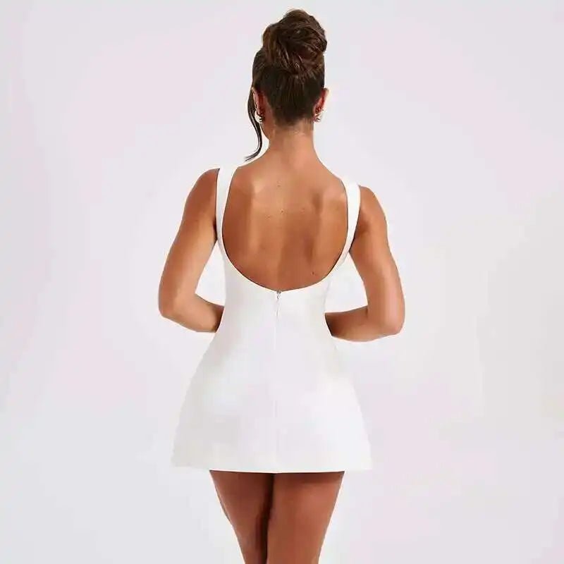 Elegant Short Mini Dress Women 2025 Summer Dress Club Party Dresses Sexy Backless Sleeveless A Line White Black Vestidos - PratSN