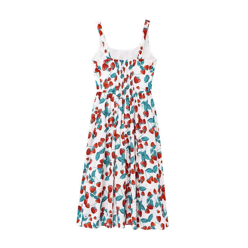 Elegant Slim - fit Cherry Print Strap Dress - PratSN