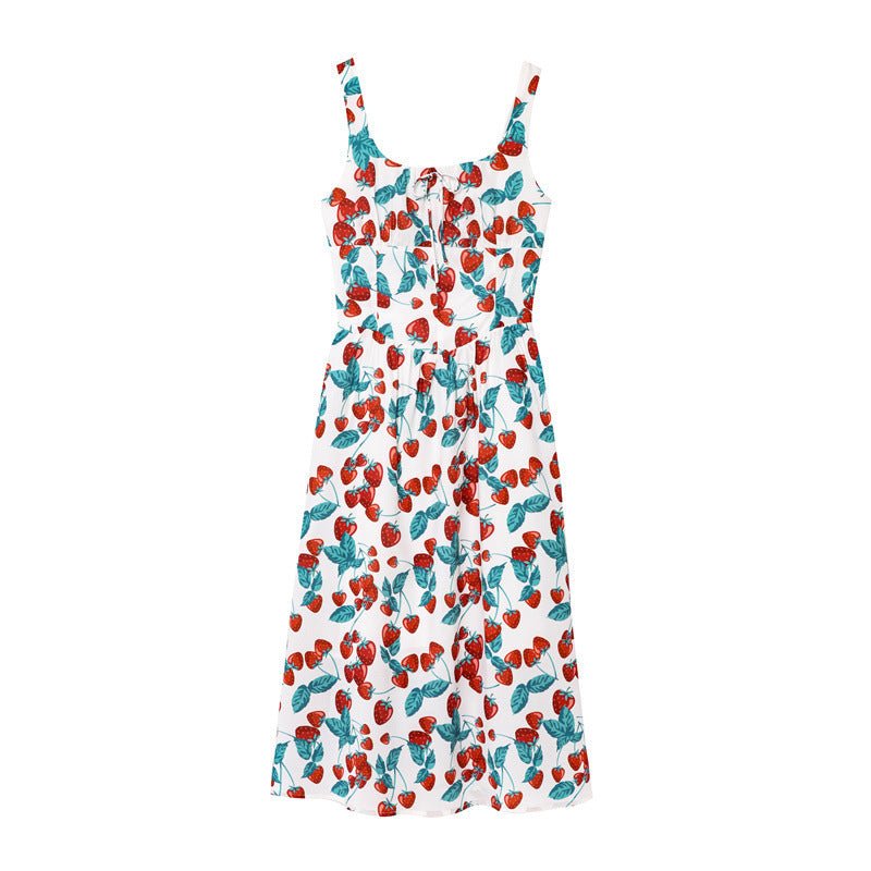 Elegant Slim - fit Cherry Print Strap Dress - PratSN