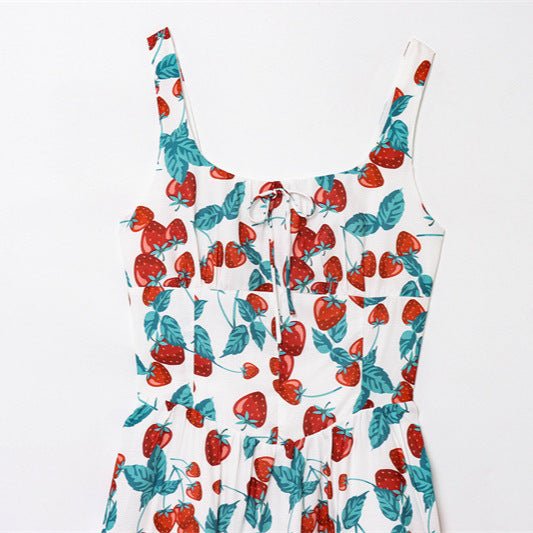 Elegant Slim - fit Cherry Print Strap Dress - PratSN
