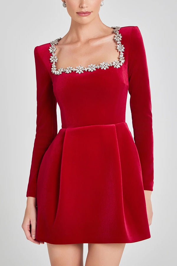 Elegant Square Neck Long - sleeved Dress With Flowers Rhinestone Design Fashion A - line Short Dresses Spring Clothing For Women - PratSN
