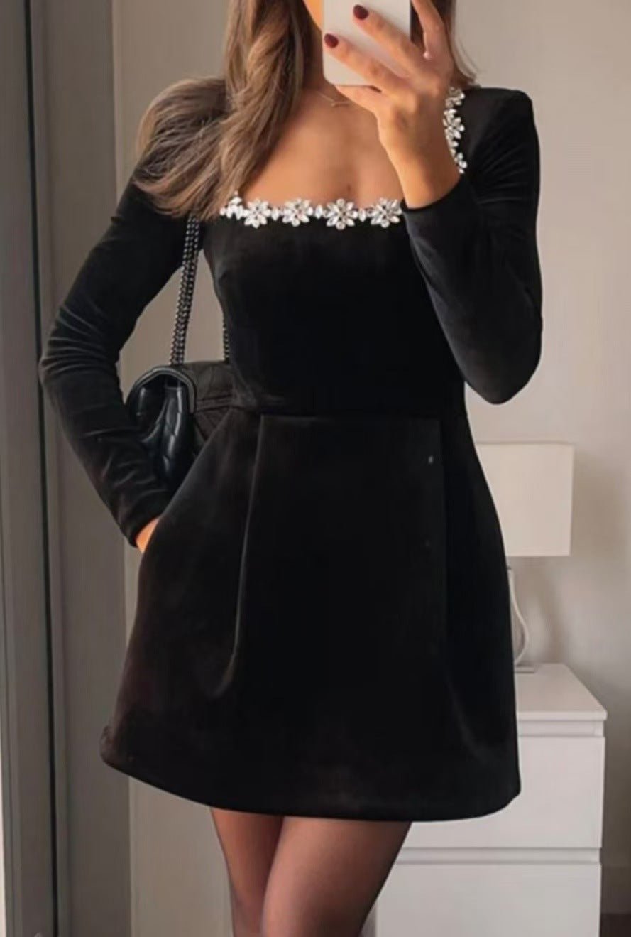 Elegant Square Neck Long - sleeved Dress With Flowers Rhinestone Design Fashion A - line Short Dresses Spring Clothing For Women - PratSN