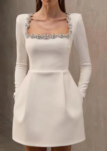 Elegant Square Neck Long - sleeved Dress With Flowers Rhinestone Design Fashion A - line Short Dresses Spring Clothing For Women - PratSN