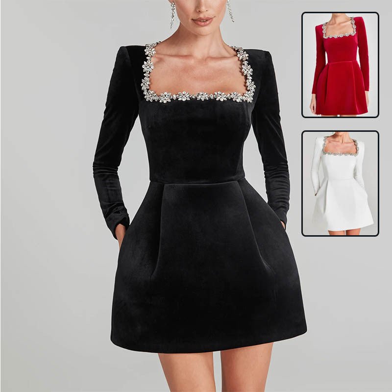 Elegant Square Neck Long - sleeved Dress With Flowers Rhinestone Design Fashion A - line Short Dresses Spring Clothing For Women - PratSN