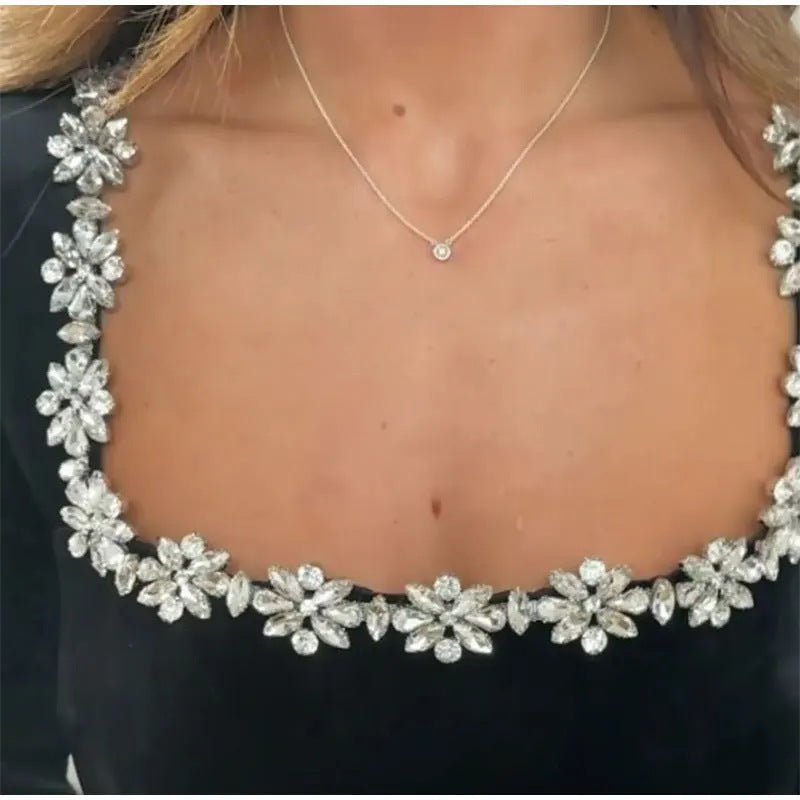Elegant Square Neck Long - sleeved Dress With Flowers Rhinestone Design Fashion A - line Short Dresses Spring Clothing For Women - PratSN